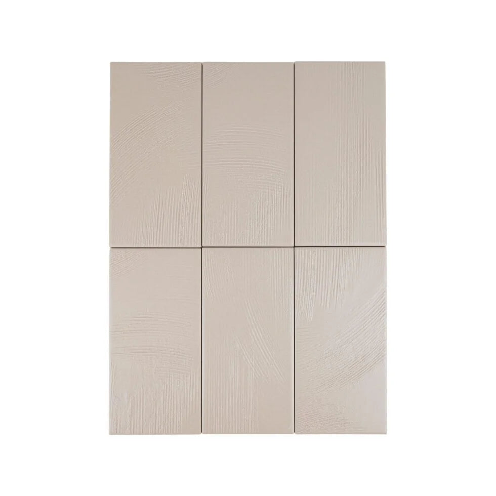 Nomad Dune troweled plaster-look porcelain tile, 3.5 x 7 inch, variation across multiple faces