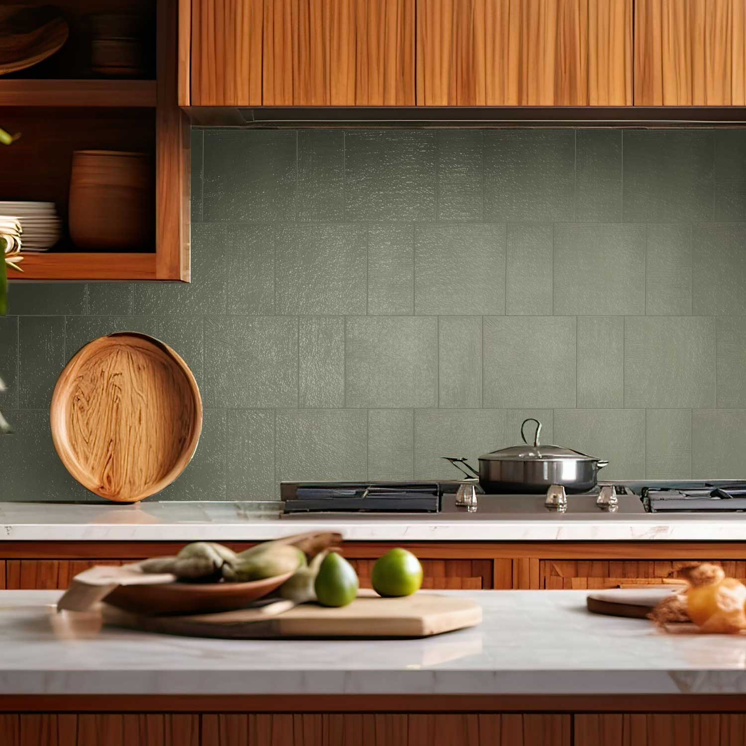Oasis Sage troweled plaster-look porcelain tile installed as kitchen backsplash, 3.5 x 7 inch & 7 x 7 inch