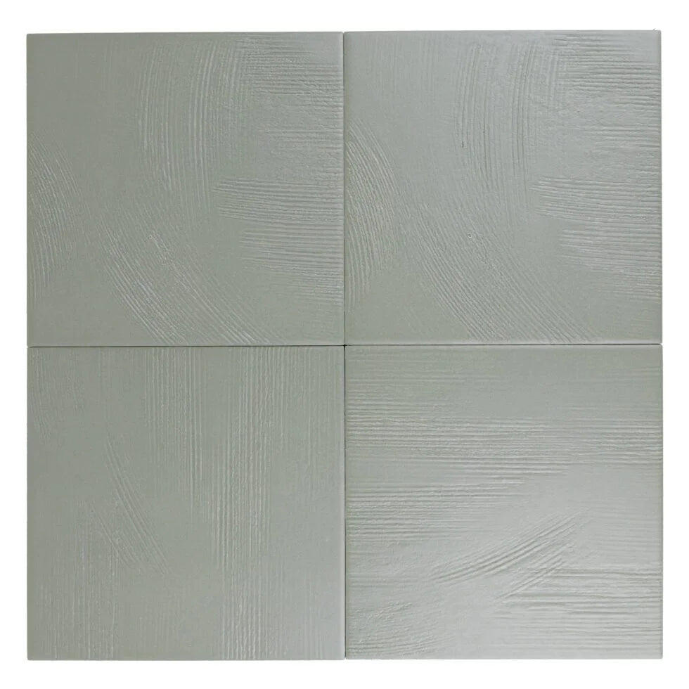 Oasis Sage troweled plaster-look porcelain tile, 7 x 7 inch, variation across multiple faces