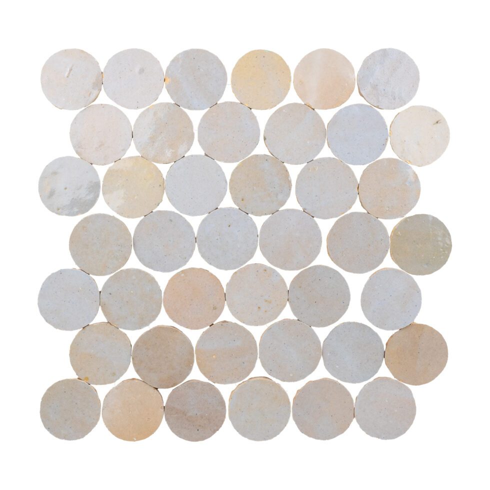 Kasbah Mauve glossy zellige circles mosaic sheet, soft mauve tone, handmade terracotta