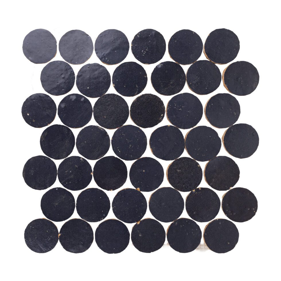 ArtePierre Zellige Atelier Circles mosaic in Atlas Indigo (Navy), glossy handcrafted zellige terracotta round tiles with subtle glaze movement and handmade edge variation for walls and feature accents.