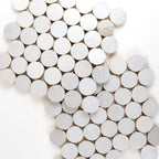 ArtePierre Zellige Atelier Circles glossy zellige mosaic sheets in Cream, stacked studio image highlighting handmade surface depth, glaze variation, and subtle edge irregularity for backsplashes and shower walls.