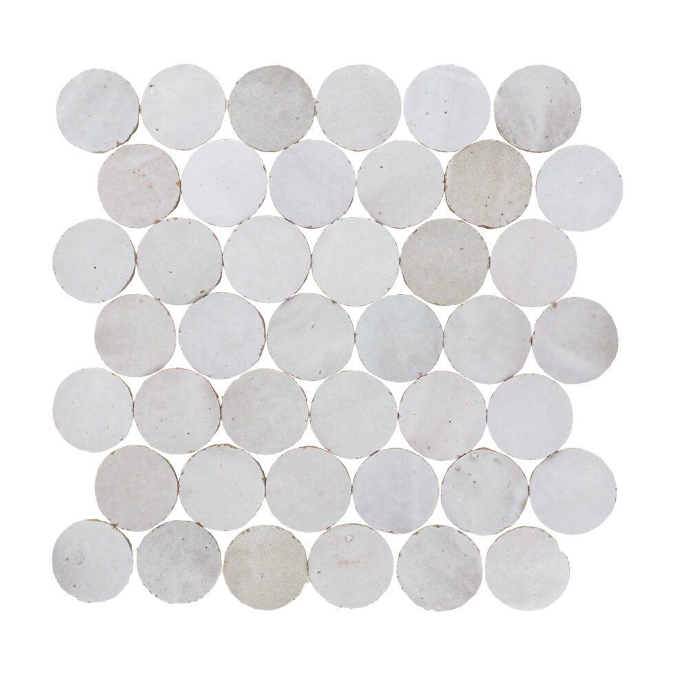 ArtePierre Zellige Atelier Circles mosaic in Cream, glossy handcrafted zellige terracotta round tiles with subtle glaze movement and handmade edge variation for walls and feature accents.