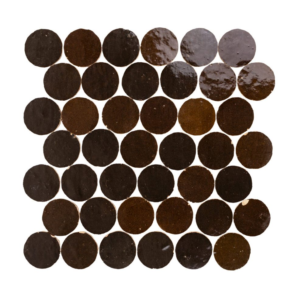 ArtePierre Zellige Atelier Circles mosaic in Espresso Noire (Brown), glossy handcrafted zellige terracotta round tiles with subtle glaze movement and handmade edge variation for walls and feature accents.