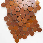 ArtePierre Zellige Atelier Circles glossy zellige mosaic sheets in Sunbaked Terracotta, stacked studio image highlighting handmade surface depth, tonal variation, and subtle edge irregularity for backsplashes and shower walls.