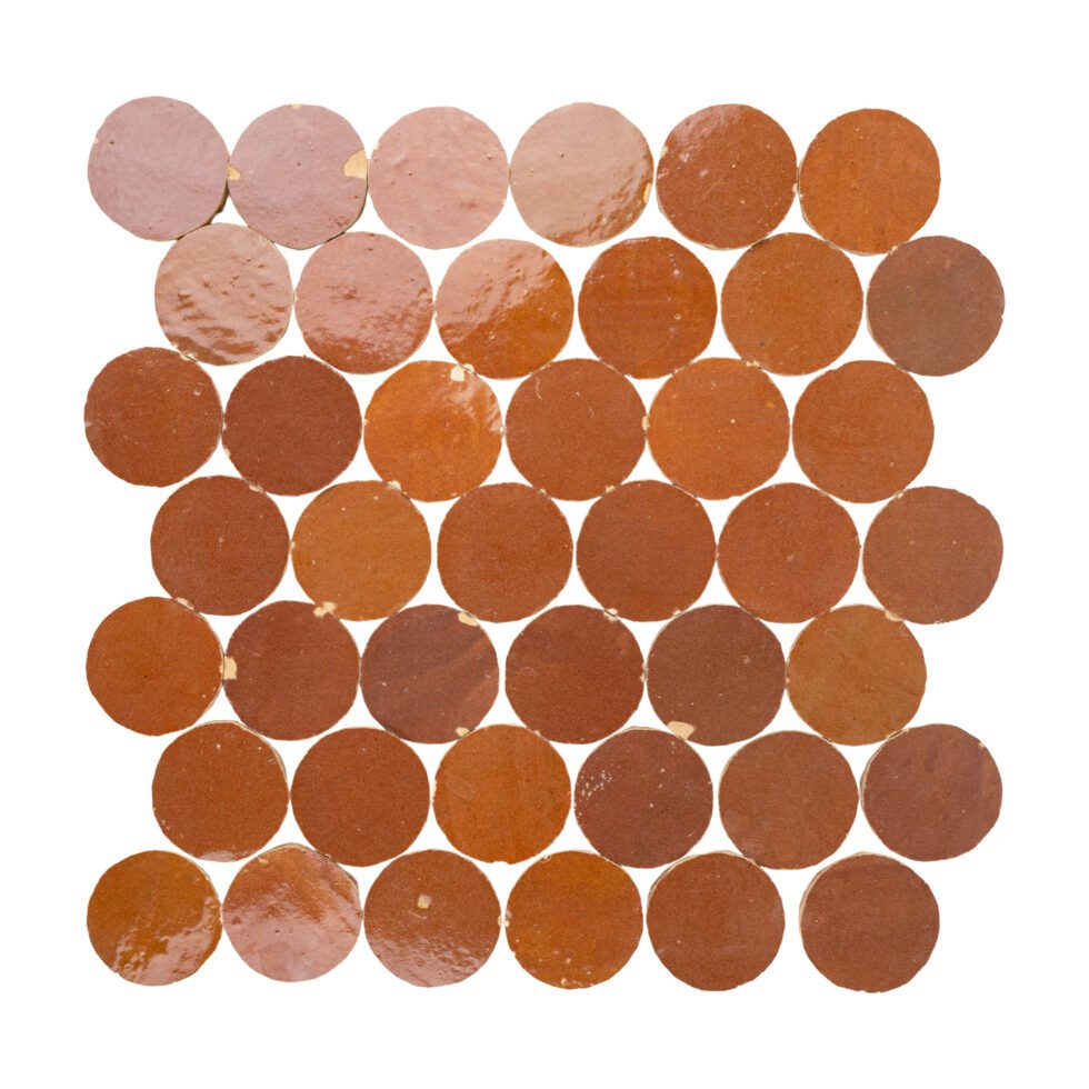 ArtePierre Zellige Atelier Circles mosaic in Sunbaked Terracotta, glossy handcrafted zellige terracotta round tiles with warm clay tone, glaze movement, and handmade edge variation for walls and feature accents.