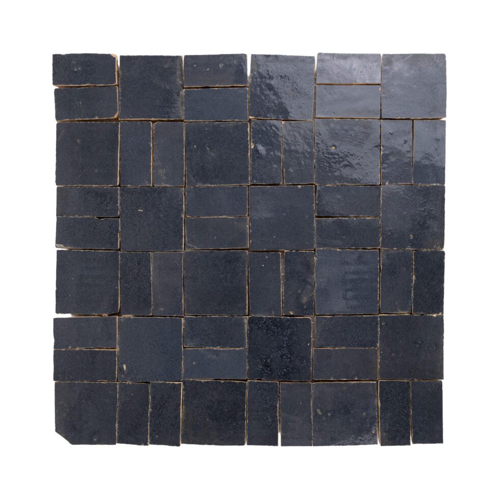 ArtePierre Zellige Atelier Lattice mosaic in Atlas Indigo (Navy), glossy handcrafted zellige terracotta with tailored geometric pattern, glaze movement, and subtle hand-cut edge variation for walls.