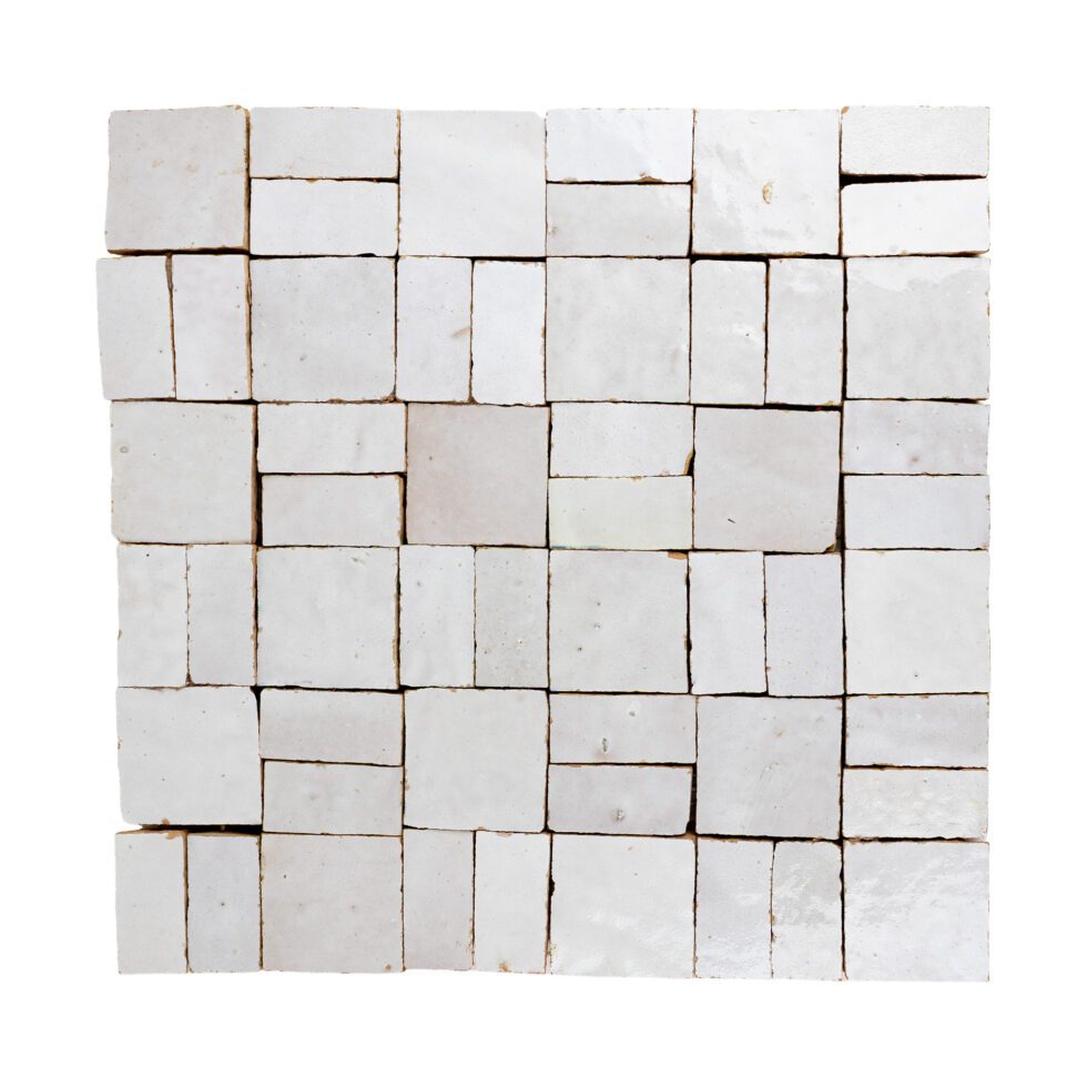 ArtePierre Zellige Atelier Lattice mosaic in Cream, glossy handcrafted zellige terracotta with tailored geometric layout, glaze movement, and hand-cut edge variation for walls.