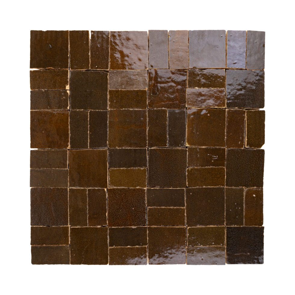 ArtePierre Zellige Atelier Lattice mosaic in Espresso Noire (Brown), glossy handcrafted zellige terracotta with tailored geometric pattern, glaze movement, and subtle hand-cut edge variation for walls.