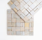 ArtePierre Zellige Atelier Lattice mosaic sheets in Kasbah Mauve, glossy handmade zellige terracotta highlighting surface depth, tonal variation, and hand-cut edges for backsplashes and shower walls.
