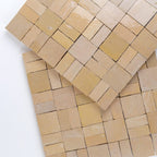 ArtePierre Zellige Atelier Lattice mosaic sheets in Nomad Dune, glossy handmade zellige terracotta highlighting surface depth, tonal variation, and hand-cut edges for backsplashes and shower walls.