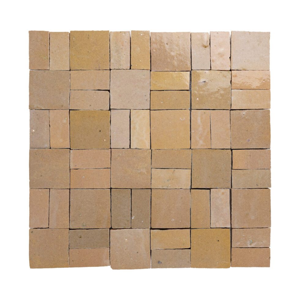 ArtePierre Zellige Atelier Lattice mosaic in Nomad Dune, glossy handcrafted zellige terracotta with tailored geometric pattern, soft glaze movement, and subtle hand-cut edge variation for walls.