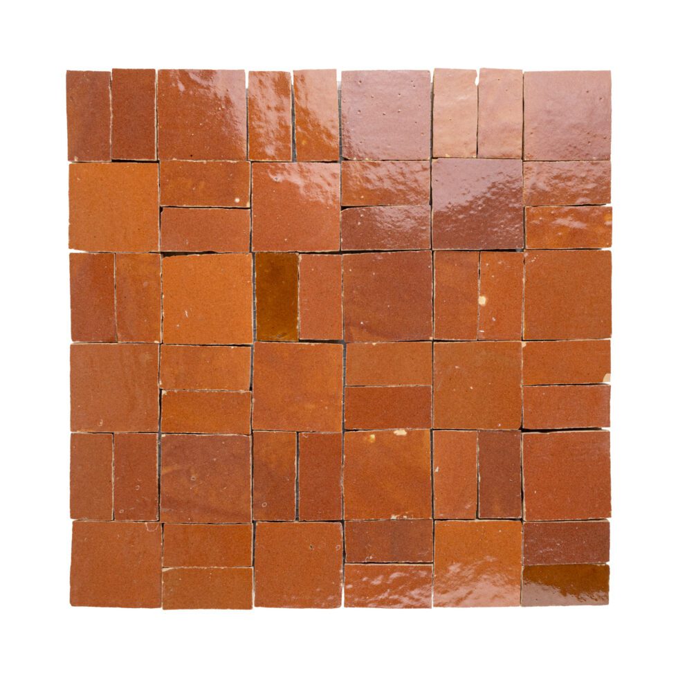 ArtePierre Zellige Atelier Lattice mosaic in Sunbaked Terracotta, glossy handcrafted zellige terracotta with tailored geometric pattern, glaze movement, and subtle hand-cut edge variation for walls.