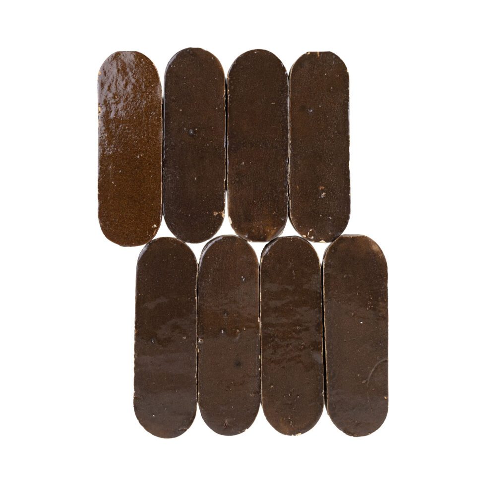 Noir Cacao 2x6 long oval glossy zellige tile, handmade terracotta.