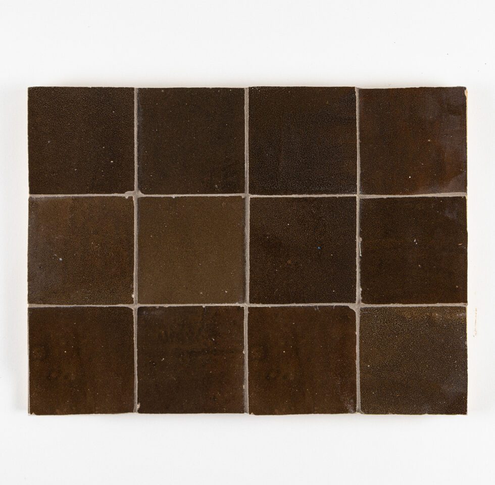 Noir Cacao 4x4 glossy zellige tile layout showing rich cocoa-black tones and handcrafted variation across pieces