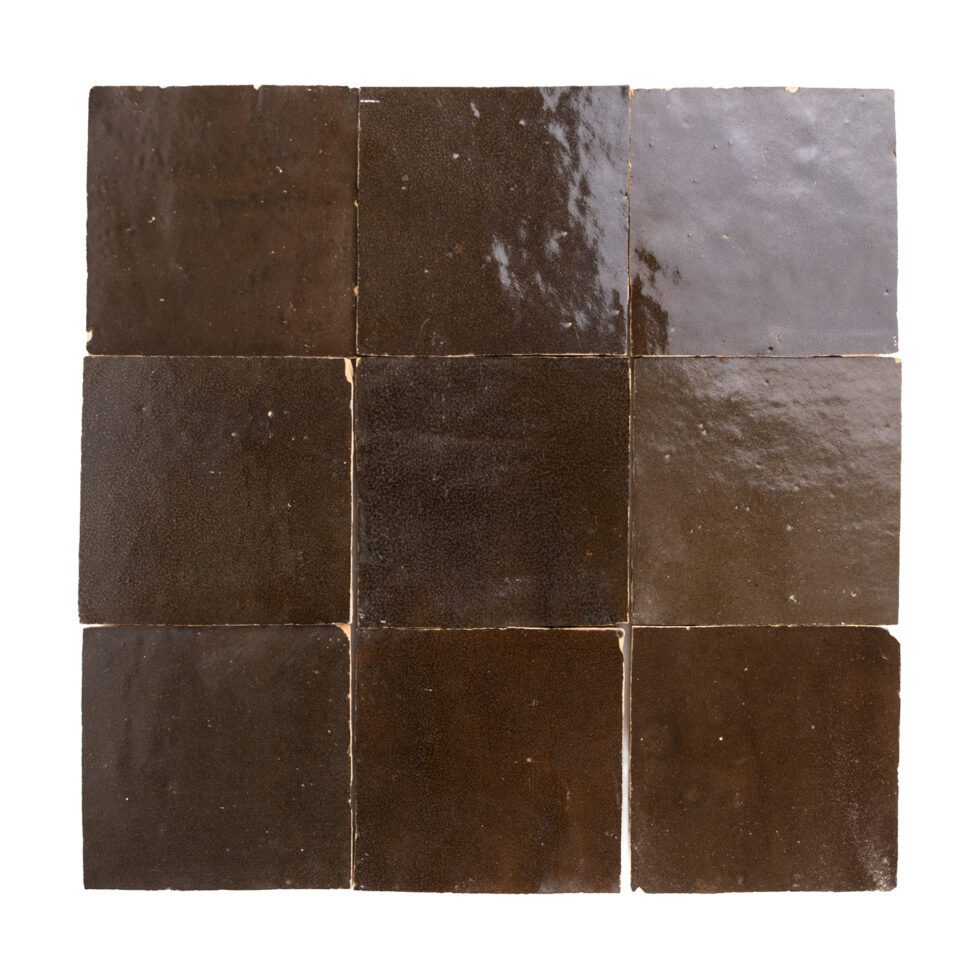 Noir Cacao 4x4 glossy zellige tile in deep cocoa-black, handmade terracotta with subtle glaze variation