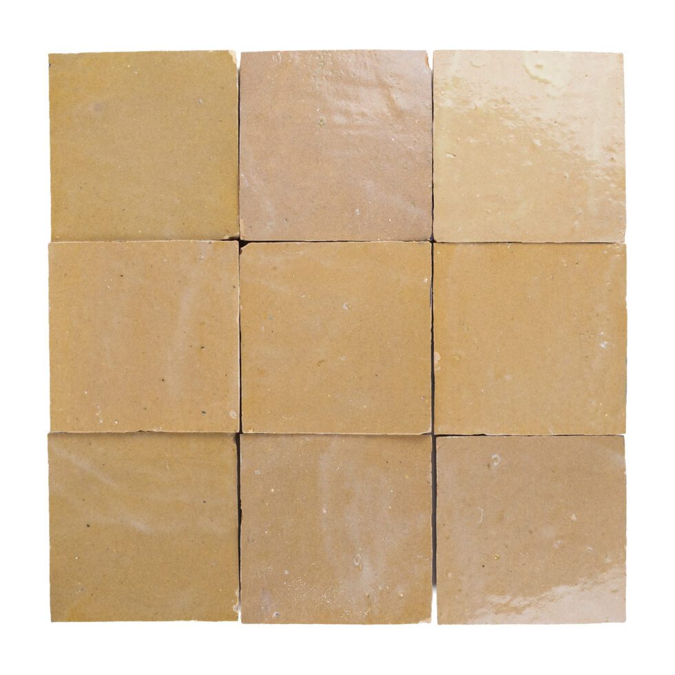Nomad Veil zellige 4x4 tile, glossy sand-beige, handmade surface variation (studio grid)