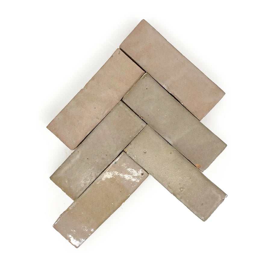Desert Blush zellige tile 2x6 herringbone layout, glossy handmade blush wall tile