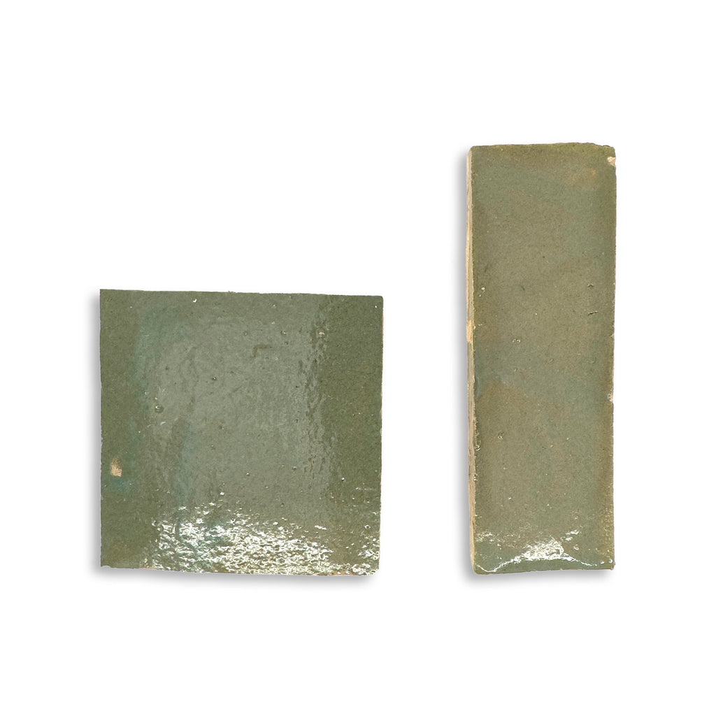 Garden Mint glossy zellige shown in 4x4 and 2x6 sizes for format comparison (ArtePierre).