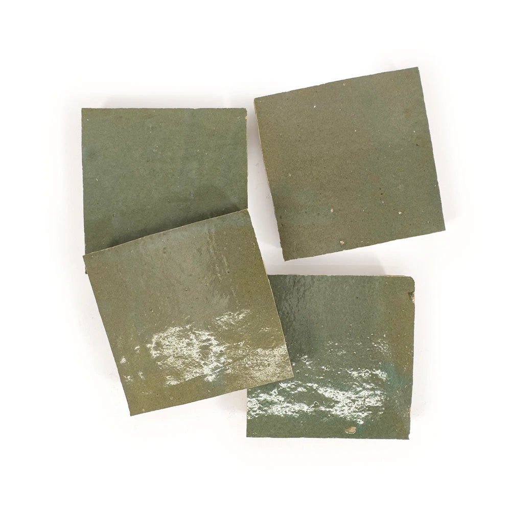Garden Mint zellige tile 4x4, glossy handmade terracotta with soft olive-neutral glaze variation (ArtePierre).