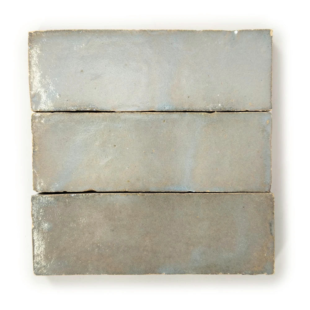 Pearl Smoke glossy zellige tile 2x6 with handcrafted edges and soft glaze movement