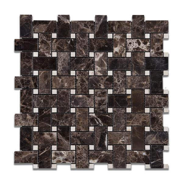 Emperador Dark Marble Basketweave Mosaic with Crema Marfil Dots Polished