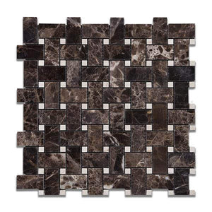 Emperador Dark Marble Basketweave Mosaic with Crema Marfil Dots Polished