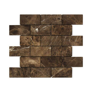 Emperador Dark Marble Mosaic 2 x 4 Brick Tumbled