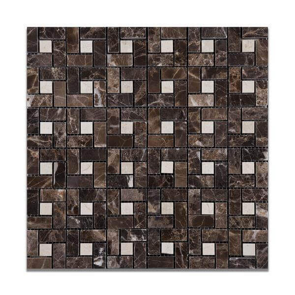 Emperador Dark Marble Mosaic Pinwheel with Crema Marfil Dots Polished