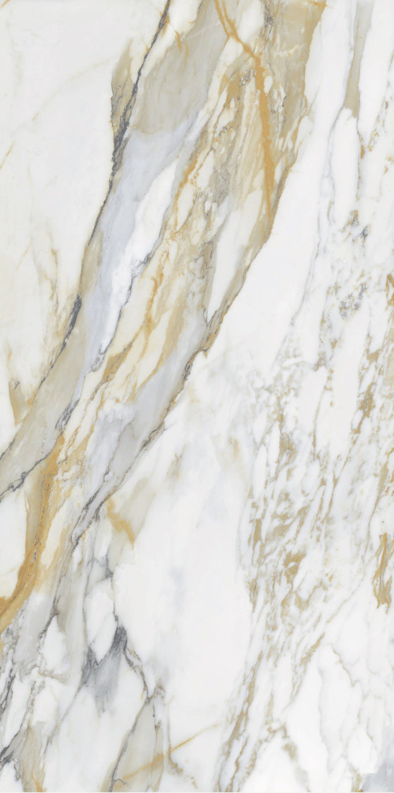 Imperial Calacatta 24x48 porcelain tile with bold marble-inspired veining and 3D Soft finish.