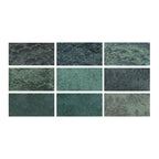 SeraPool RELAX Oasis Green porcelain pool tile – 9-face color variation chart (mottled green tones)