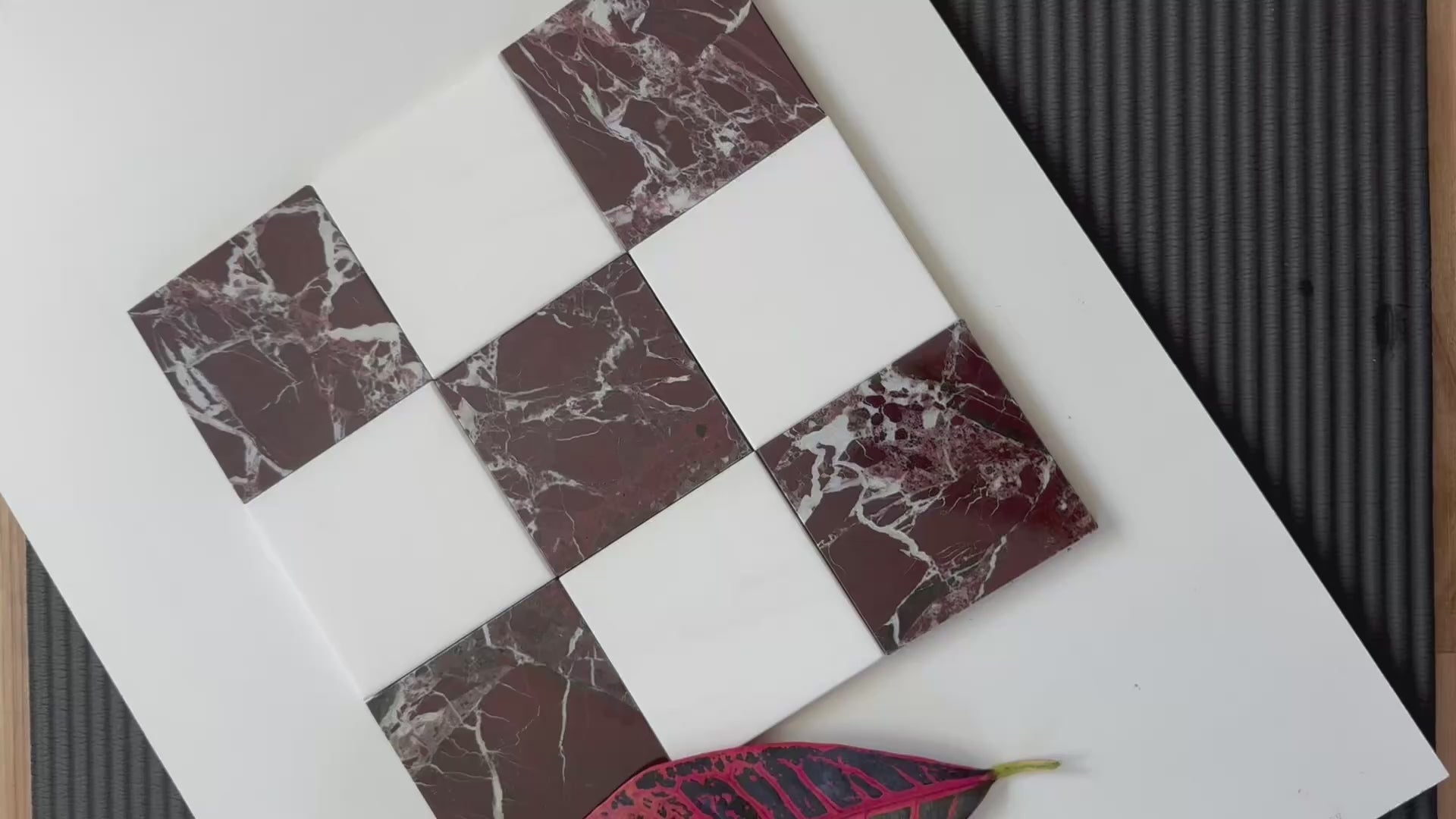 4x4 Checkerboard pattern design_Rosso Levanto and Bianco Dolomite Marble tiles.