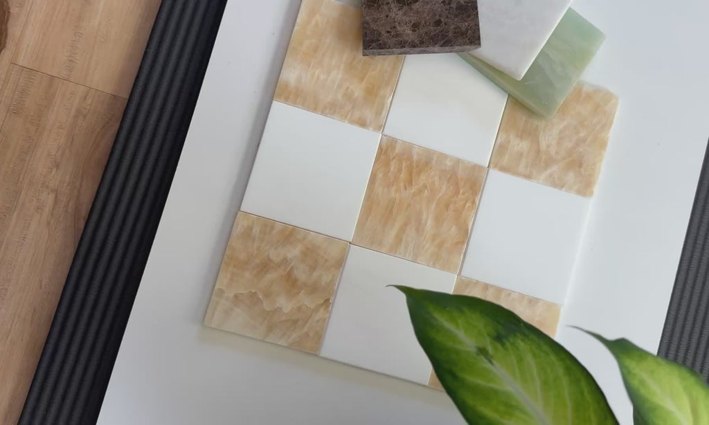 Honey Onyx and Bianco Dolomite Checkerboard pattern_Stone Crush Collection by ArtePierre LLC