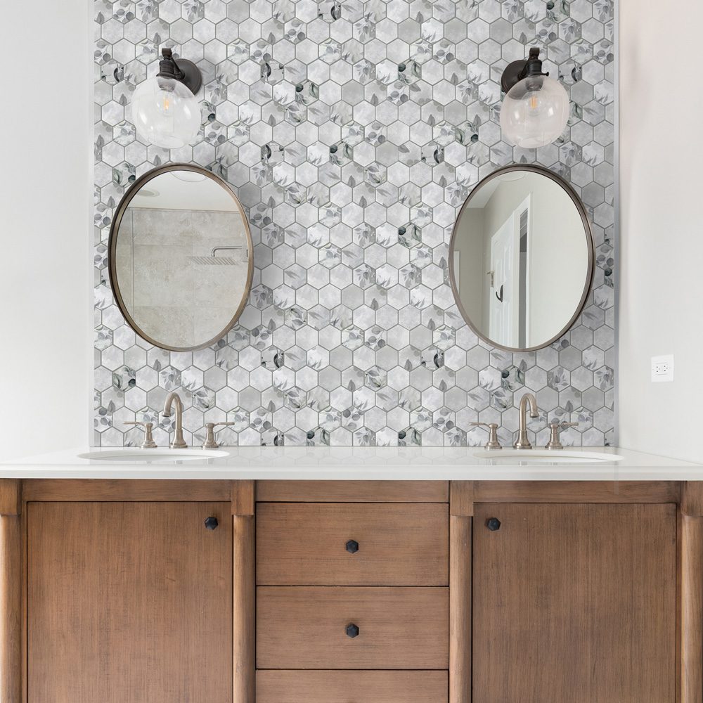 HexaFusion Botanica Juniper Flower matte pressed glass hexagon mosaic, 3 inch hex, mesh-mounted sheet