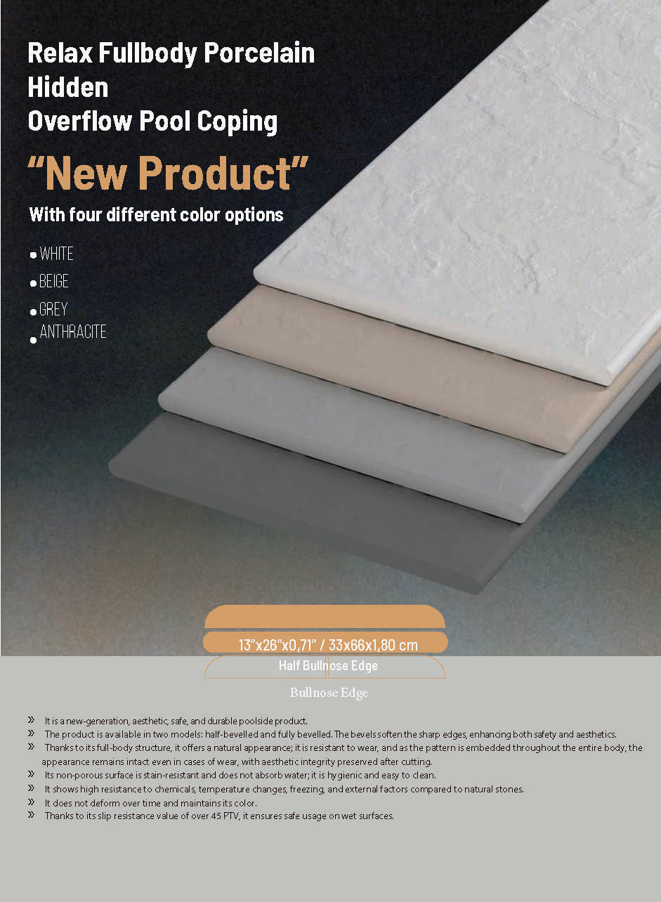 Relax full-body porcelain hidden overflow pool coping in four colors—white, beige, grey, and anthracite—13x26 with bullnose and half bullnose edges