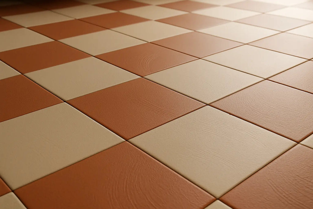 Matte terracotta and sand checkerboard porcelain floor tile, angled view showing subtle troweled texture.