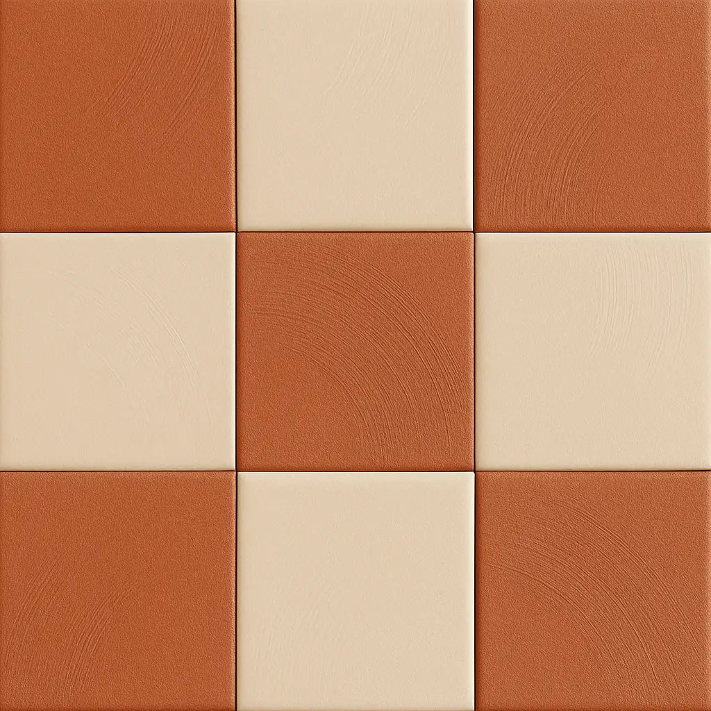 Terracotta and sand checkerboard porcelain tile with troweled plaster texture, matte finish.