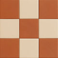 Terracotta and sand checkerboard porcelain tile with troweled plaster texture, matte finish.