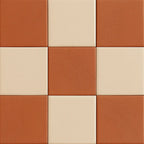Terracotta and sand checkerboard porcelain tile with troweled plaster texture, matte finish.