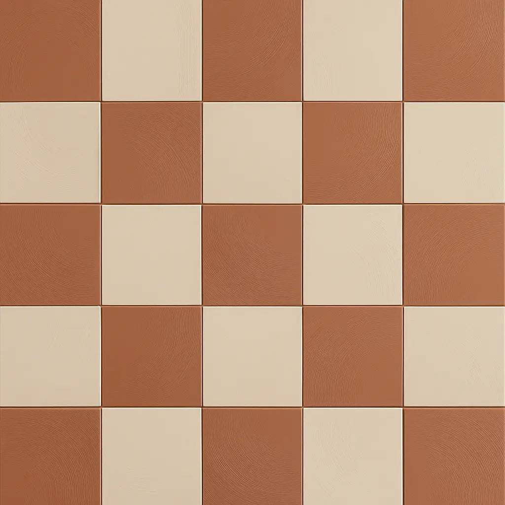 Terracotta and sand checkerboard pattern in matte plaster-look porcelain tile.
