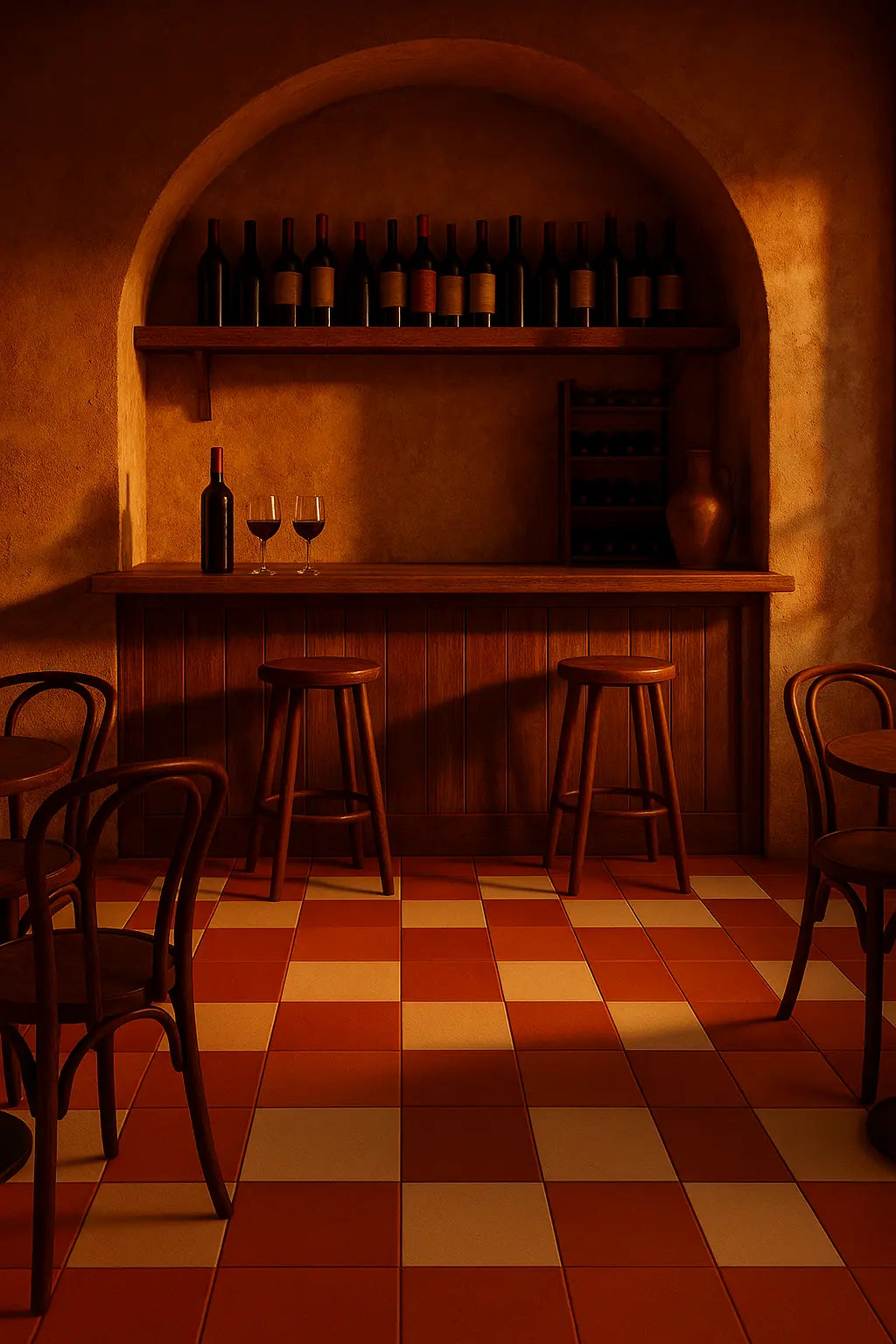 Rustic bar interior with terracotta and sand checkerboard porcelain tile floor in a matte plaster-look finish.