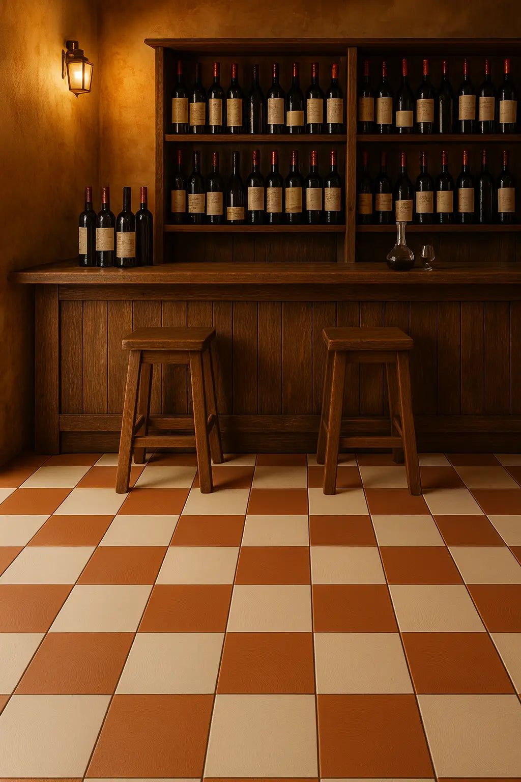 Wine bar setting featuring a terracotta and sand checkerboard porcelain tile floor with a soft matte texture.